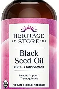 HERITAGE STORE Black Seed Oil, Organic, Cold Pressed Nigella Sativa Supplement with Thymoquinone, Omega 3 6 9, Antioxidant, Immunity, Cholesterol, Digestive, Heart & Join Health Support*, Vegan, 8oz