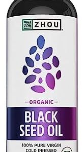 Zhou Organic Black Seed Oil | 100% Virgin Cold Pressed Omega 3 6 9 | Super Antioxidant for Immune Support, Joints, Digestion, Hair & Skin | Vegan, Gluten-Free, Non-GMO | 8oz